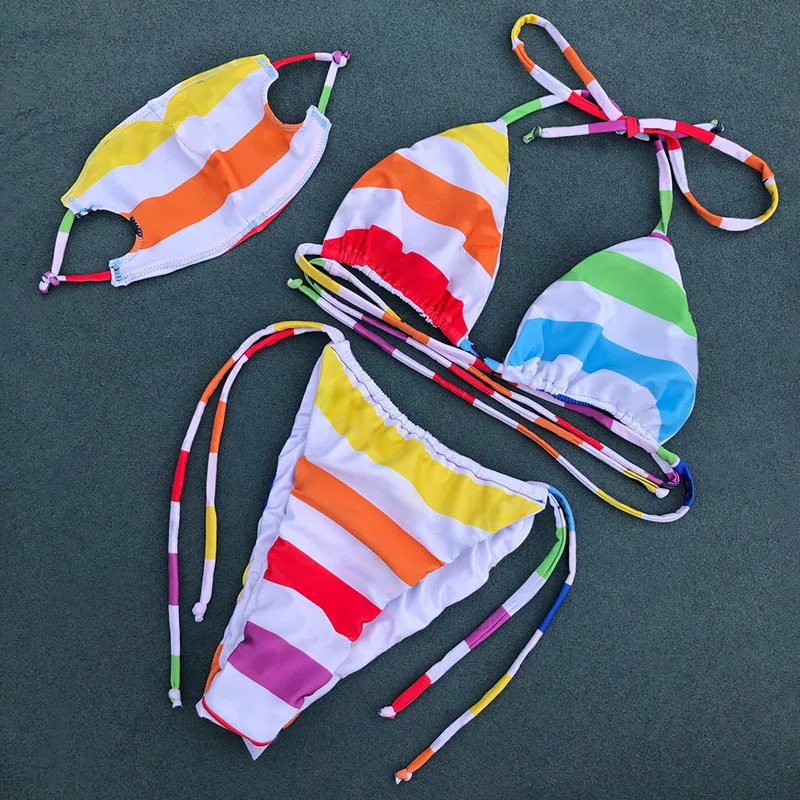 

Сексуальный полосатый купальник с низким вырезом на спине, повязка, бикини, наборы с масками Triange женский купальный пляжный костюм Лето 2020 Н...