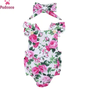 Милый комбинезон с цветочным принтом, 2 предмета, комбинезон на бретельках + костюм с повязкой на голову, пляжный костюм, комплект одежды на Рождество, 0-18 месяцев