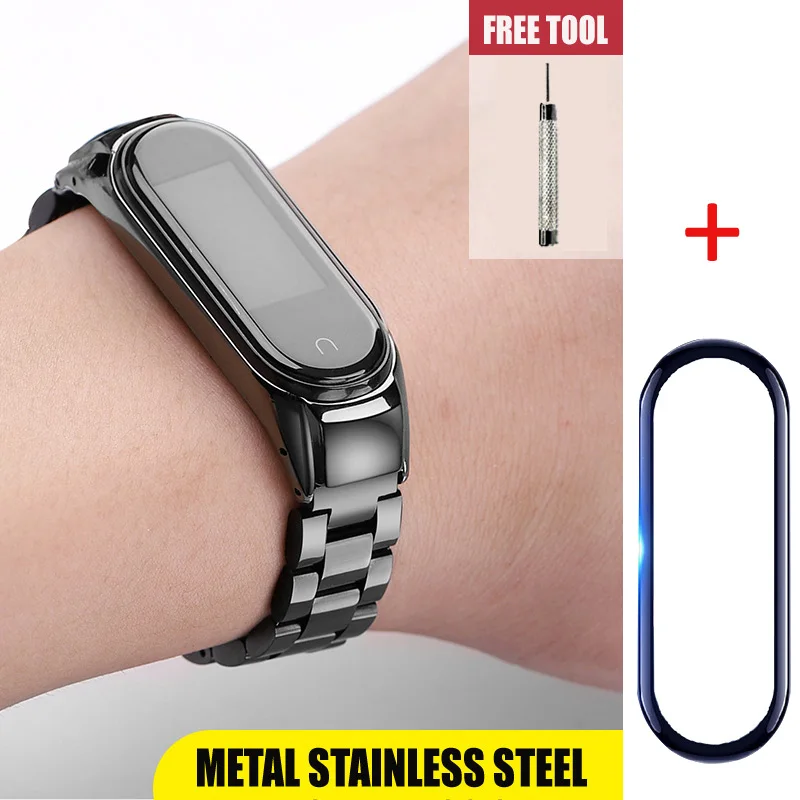 black strap -Film 2в1/упаковка для Mi Band 4 ремешок с защитной пленкой для экрана для Mi Band 4 браслет Miband 4 браслет металлический ремешок аксессуары - Цвет: black strap -Film