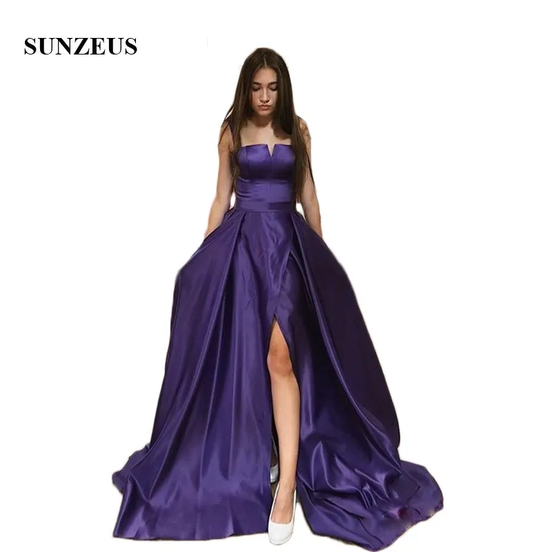 

Leg Slit with Pockets Formal Dresses Long Black Purple Fuchsia Satin Prom Dresses Tank A-Line Evening Party Gowns