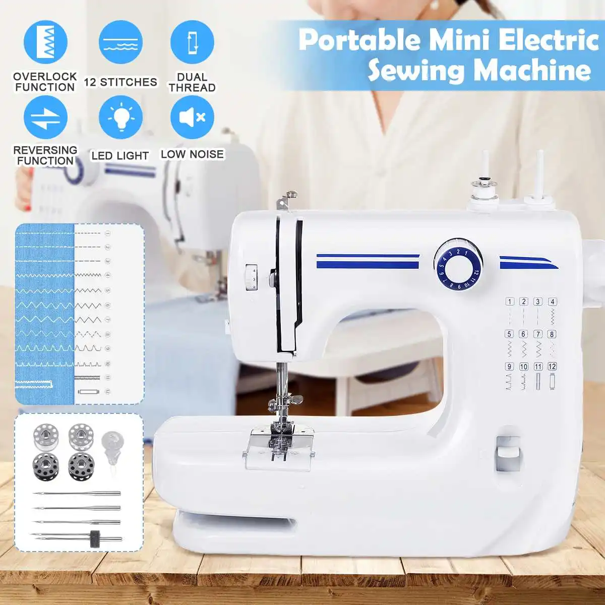 

Portable Sewing Machine Mini 12 Stitches Electric Household Crafting Mending DIY Tool with LED Night Presser Foot Pedal 2 Speed
