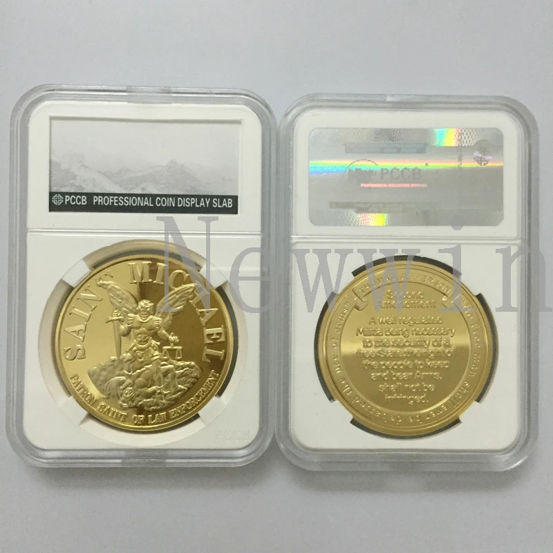 

5pcs/lot 1 OZ Saint Michael Patron Stint of Law Enforcement Gold Plated Commemorative Challenge Coin with PCCB case