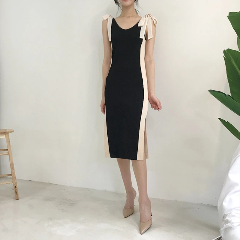 Женское винтажное вязаное платье без рукавов облегающее трикотажное