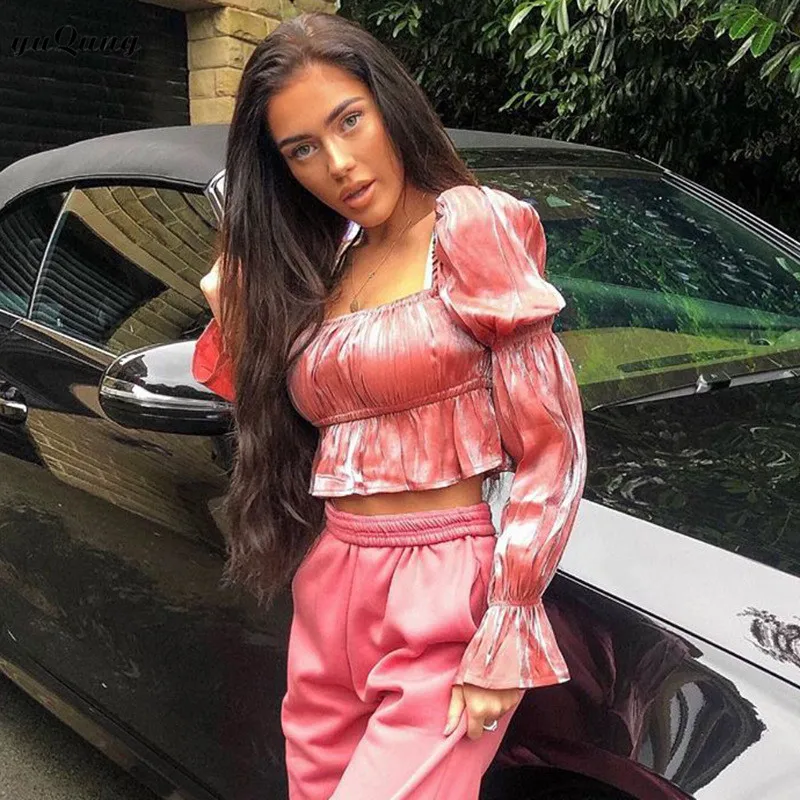 Yuqung женская короткая блузка с длинным Расклешенным рукавом укороченный топ