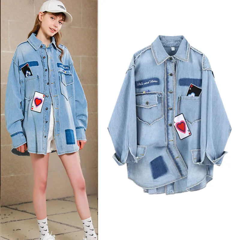 

New Women Designer Spring Autumn Long Shirts Letters Printed Denim Coats Cards Appliques Street Party Blouses Nice Shirts NS62