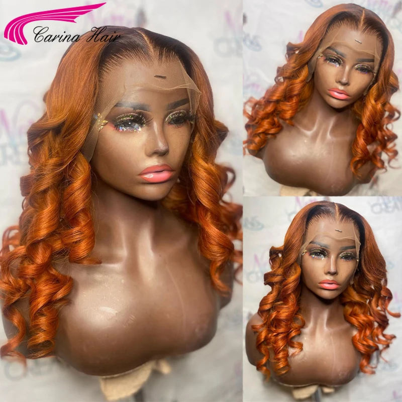Orange Ginger Lace Front Human Hair Wigs 180% Brazilian Remy Wavy Colored Orange PrePlucked Human Hair Wigs For Women