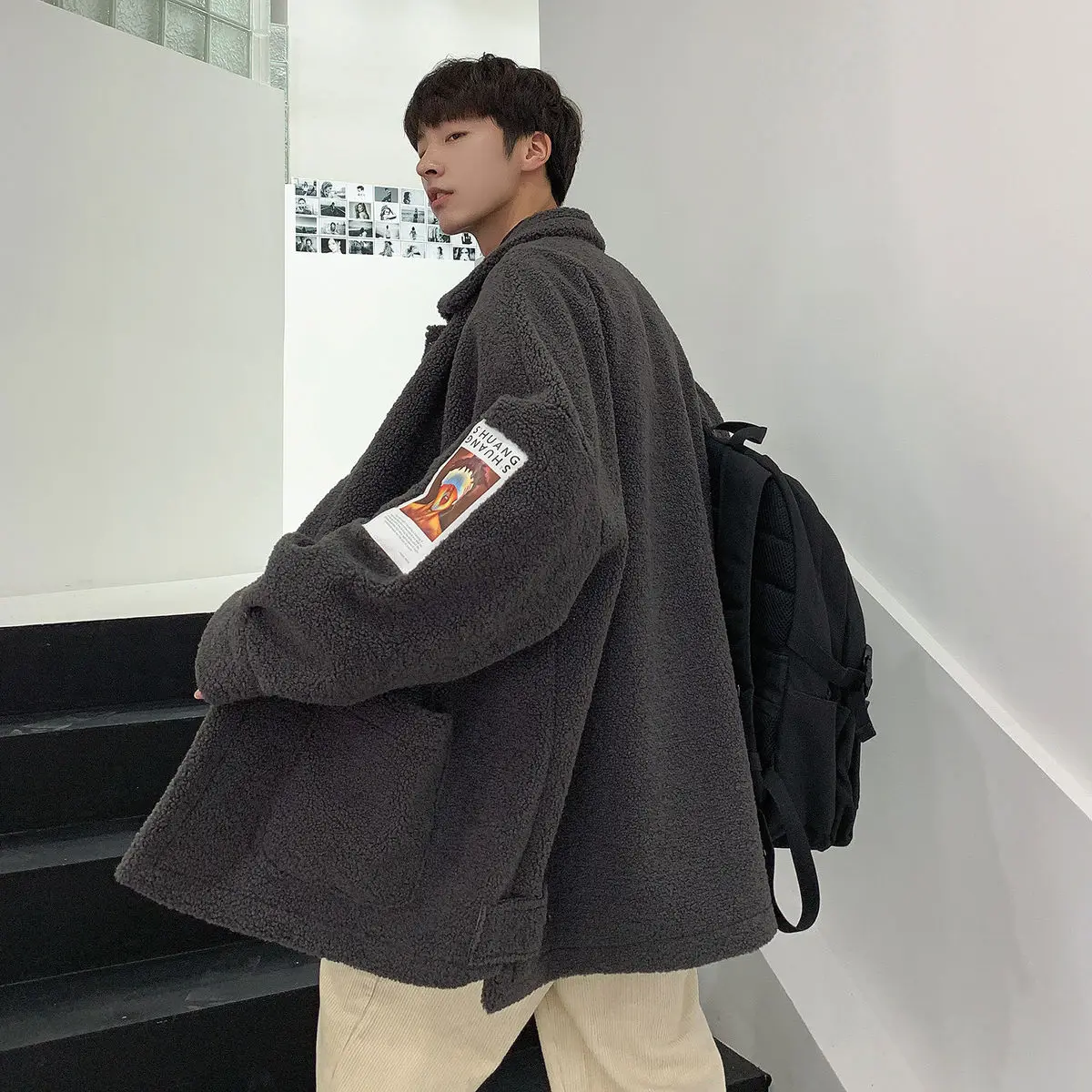 Winter Men's Patch Printed Parkas Thickened Lamb Fur Coats Casual Cotton-padded Clothes Waterproof In Warm Snow Jackets M-2XL