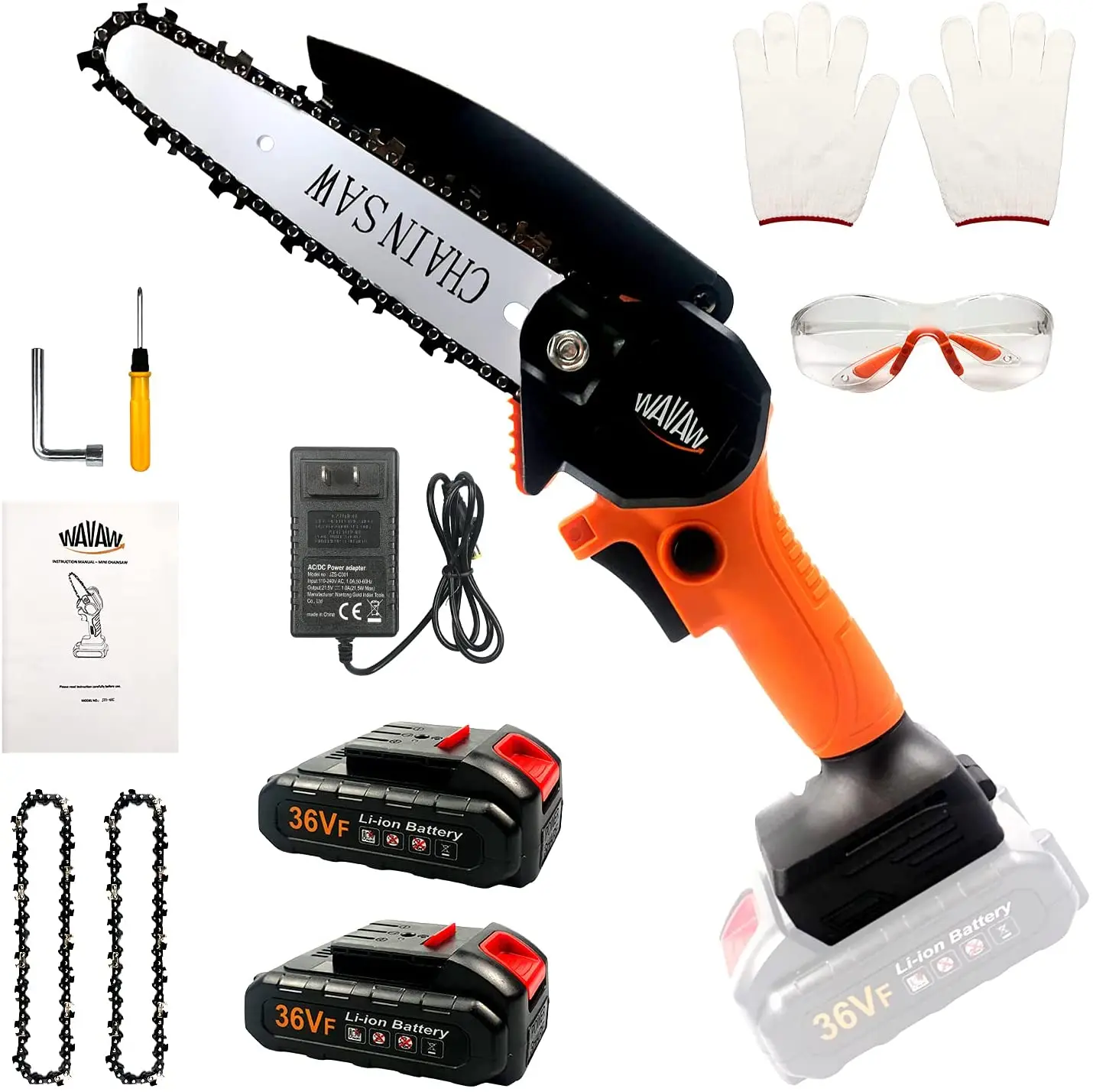 

Mini Chainsaw Cordless Kit,Upgraded 6 Inch One-Hand Electric Saw with Hand Guard and Safety Button, Metal wall plate