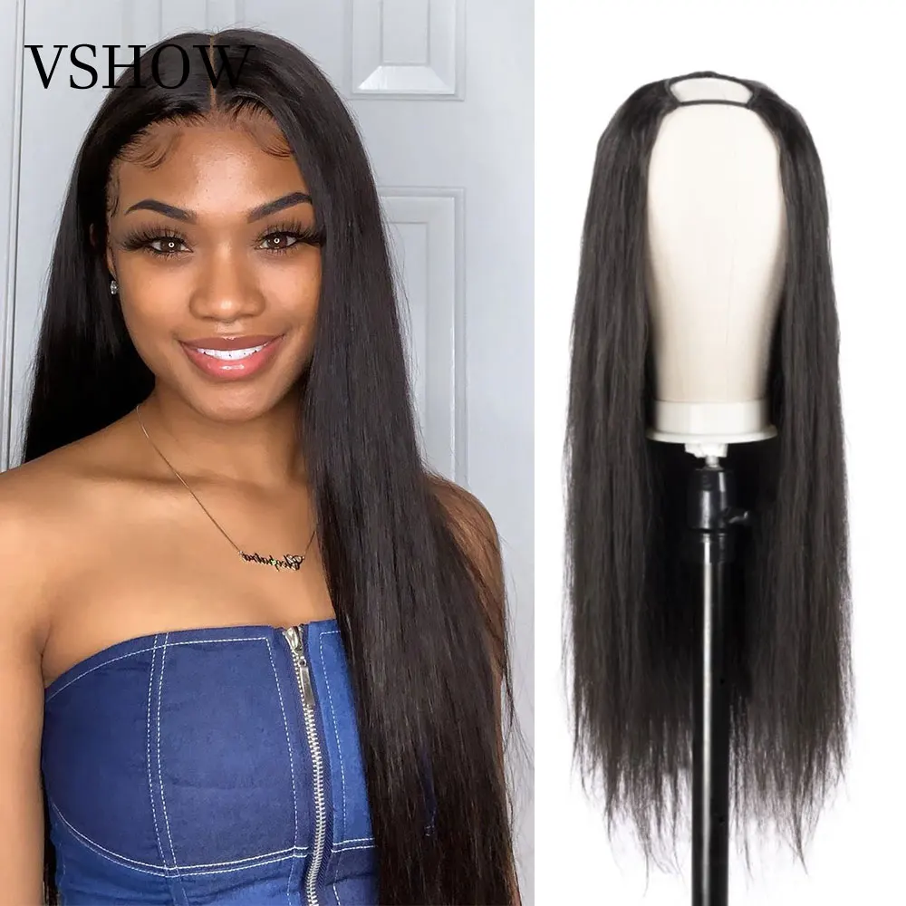 

Бразильские прямые U-образные парики для черных женщин, плотность 180%, прямые человеческие волосы Remy, парики 26 дюймов, U-образные парики, безкл...