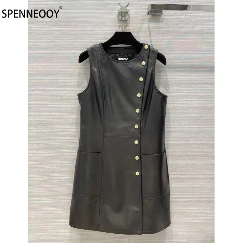 

SPENNEOOY Designer Brand Autumn Vintage Black Genuine Leather Dress Women Camellia Print Lining Sheepskin Mini Dresses