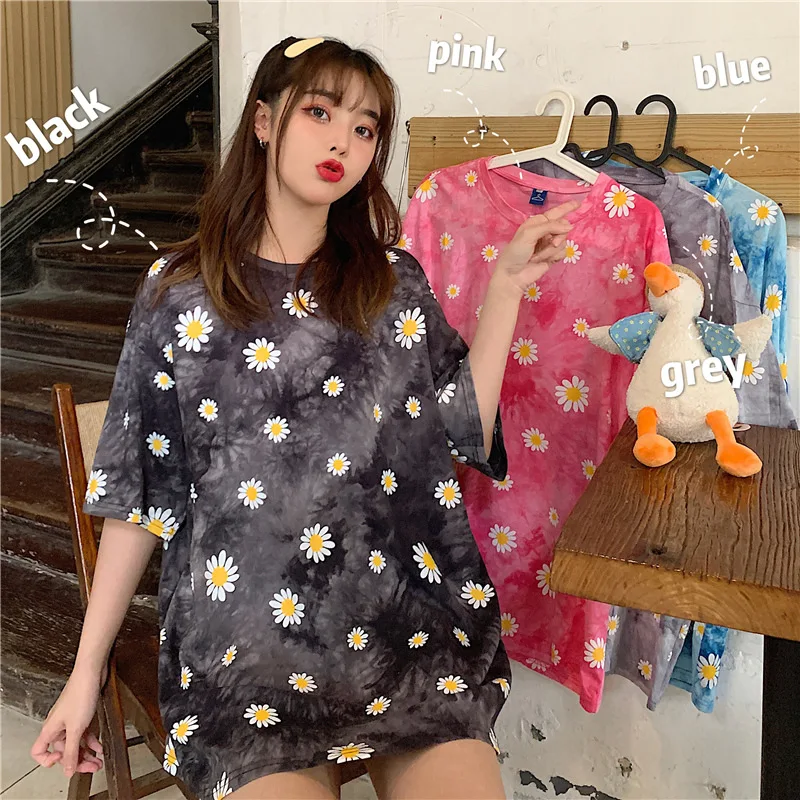 

Женская футболка с принтом, длинная свободная Универсальная футболка с коротким рукавом и круглым вырезом, с принтом в виде маргариток, лет...