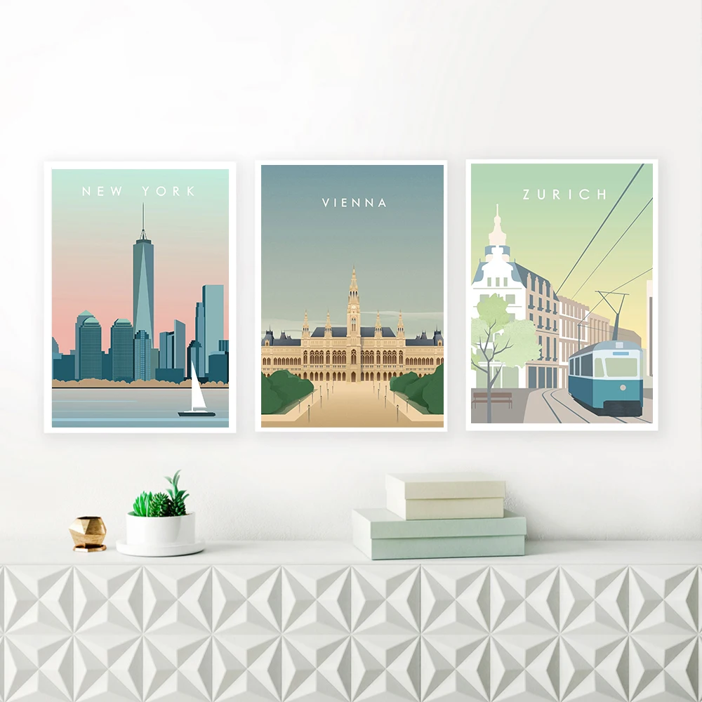 Винтажный постер в скандинавском стиле для путешествий города Нью-Йорка Рима