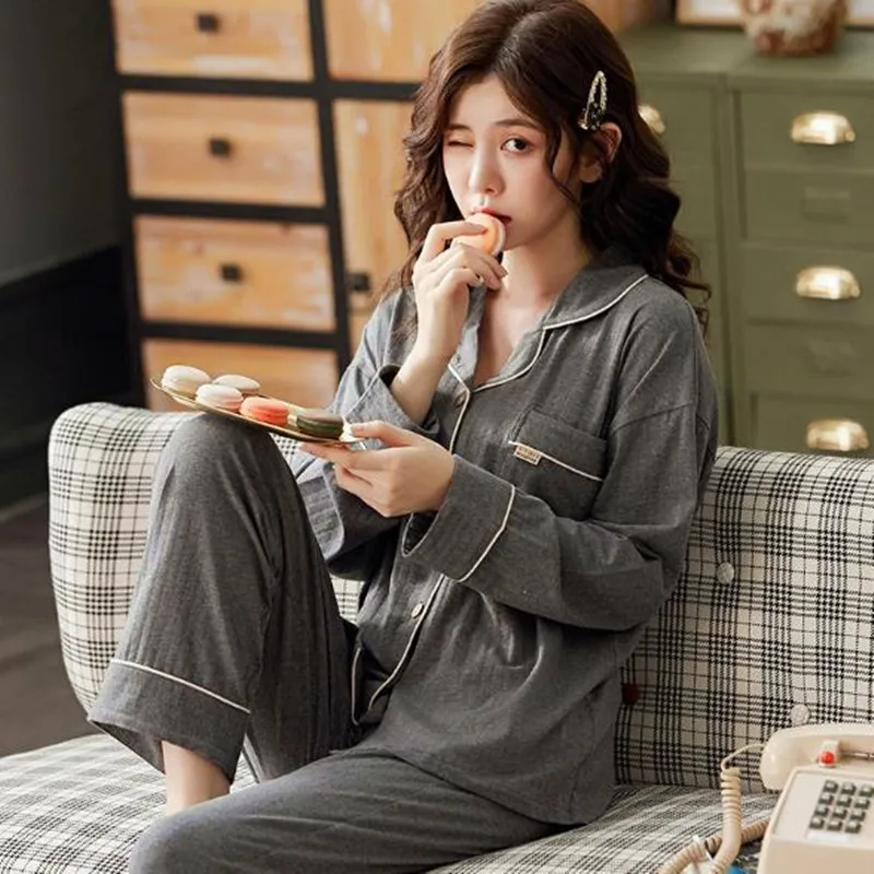 

High-grade pajamas women cotton long sleeve lapel sleepwear set cardigan top + trousers two piece suit plus size pijama mujer