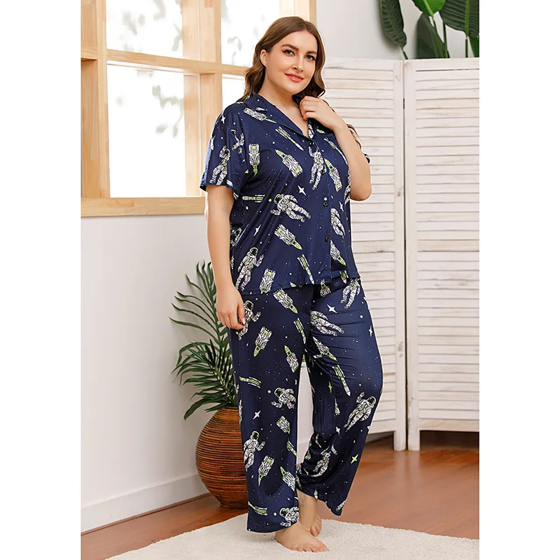 

Silk Pajamas Summer Clothes For Women 2021 Plus Size 4XL Astronaut Pattern Blue Lapel Buttons Short Sleeve Trousers Loose Casual