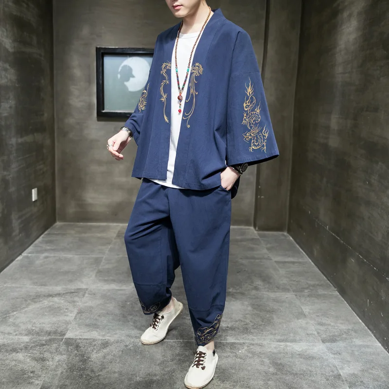 Мужские комплекты оригинальный хлопковый костюм Hanfu летняя вышитая Футболка