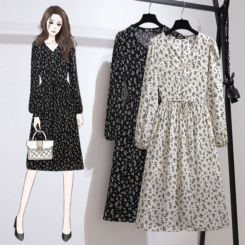 

2021 Autumn New Long-sleeved Chiffon Dresses Women's Long Dress Plus Size Maxi Dress Temperament Female Clothes Vestido 16031