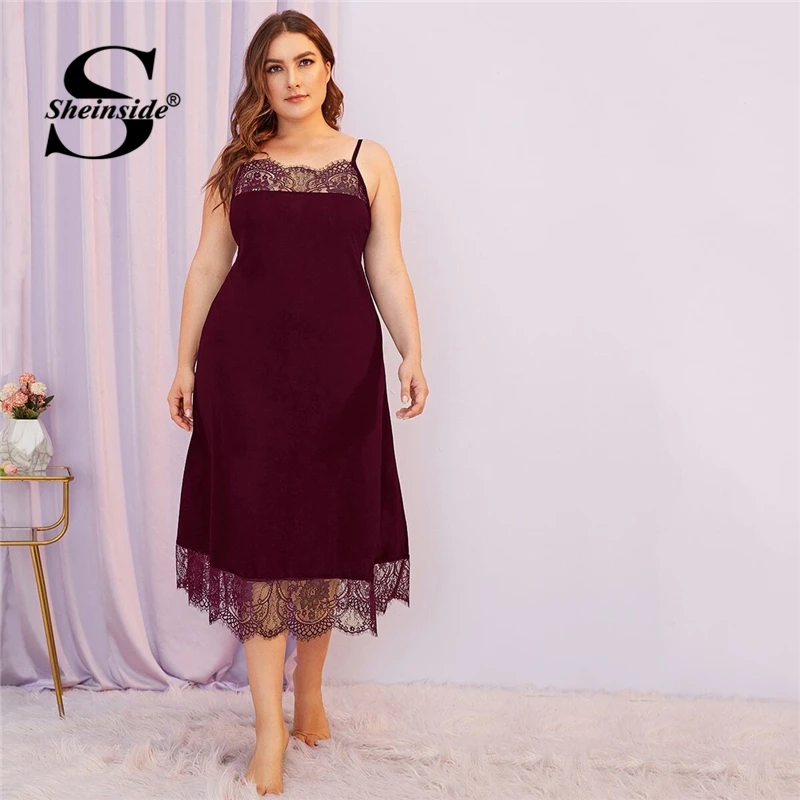 Sheinside размера плюс бордовое кружевное лоскутное ночное белье для женщин без рукавов Контрастные ночные платья Женская повседневная одежда для дома