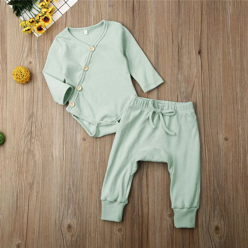 

0-18M Solid Clothing Newborn Kid Baby Boys Girls Clothes Long Sleeve Buttons Jumpsuit Romper Bodysuit Long Pants Outfit Set 2PCS