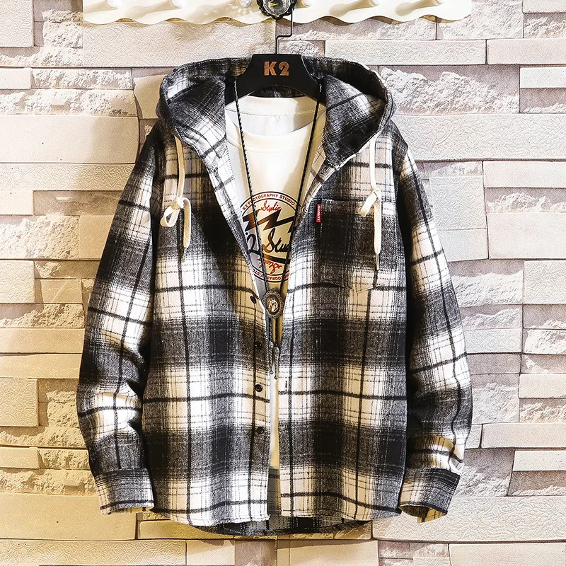 

2021 New Arrived Plaid Hoodie Sweatshirt Men Flannel Fleece Style Hip Hop High Street Casual Cardigan Long-Sleeved