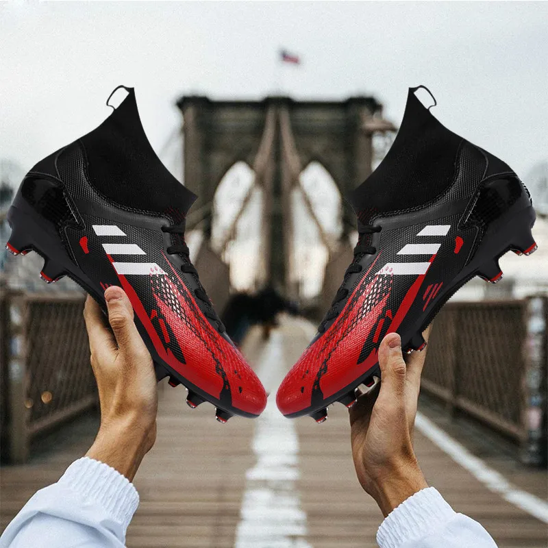 

Men Turf Black White Soccer Shoes Kids Cleats Training Football Boots High Ankle Sport Sneakers Size 35-44