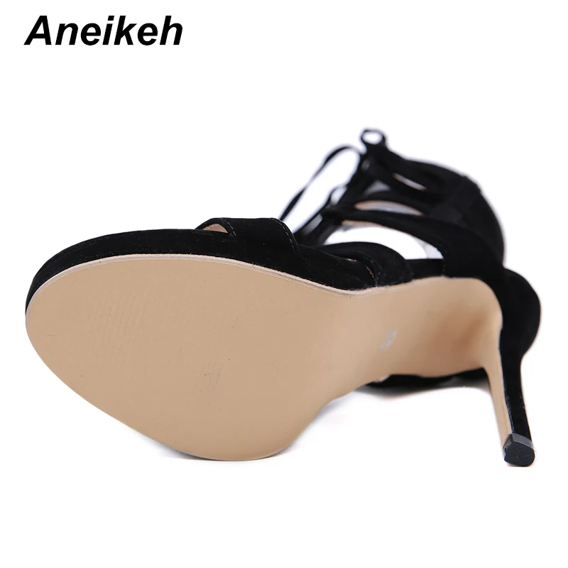 Aneikeh/модные базовые ботинки; женские туфли-лодочки на высоком каблуке; пикантные Летние босоножки из флока с вырезами и сеткой, на шнуровке, с перекрестной шнуровкой; обувь; вечерние женские ботинки до середины икры для ночного клуба; Цвет Черный; размеры 34-40