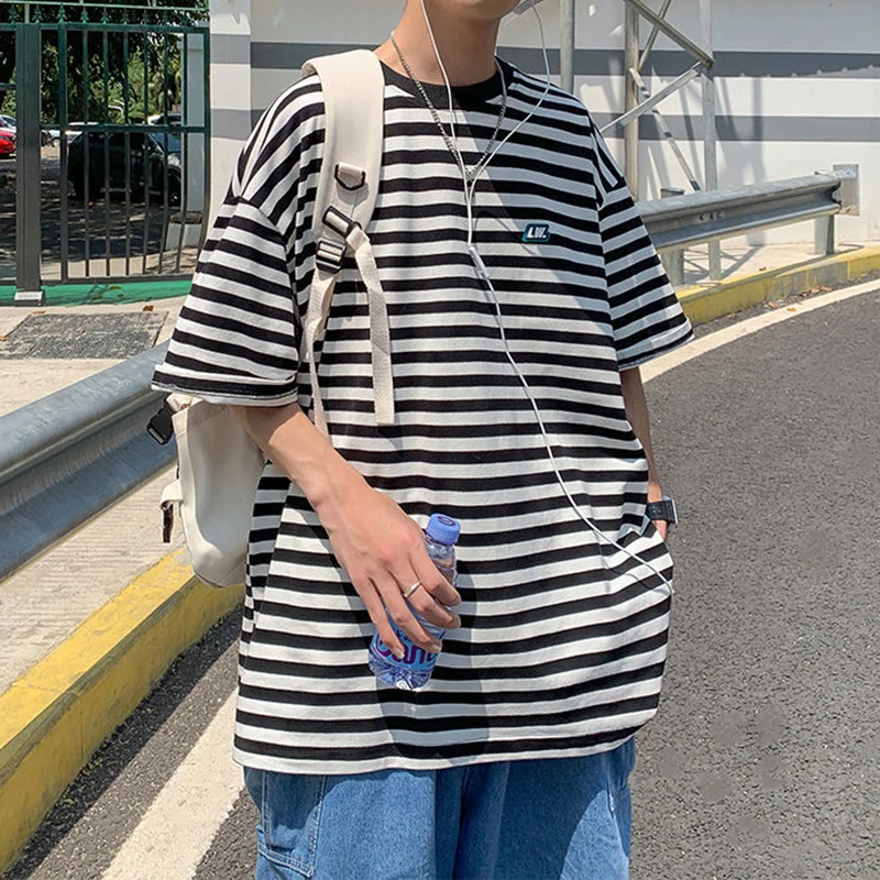 

Striped Print Short Sleeve Men T Shirts 2022 Summer Fashion Branded Casual Japanese Streetwear Teenagers Oversized Punk Tops Tee