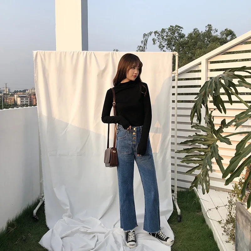 Ulzzang, корейский стиль, длинный рукав, одноцветная, женская футболка, водолазка, повседневная, тонкая, Roupas Feminina, боди, футболка, женская, черная, белая