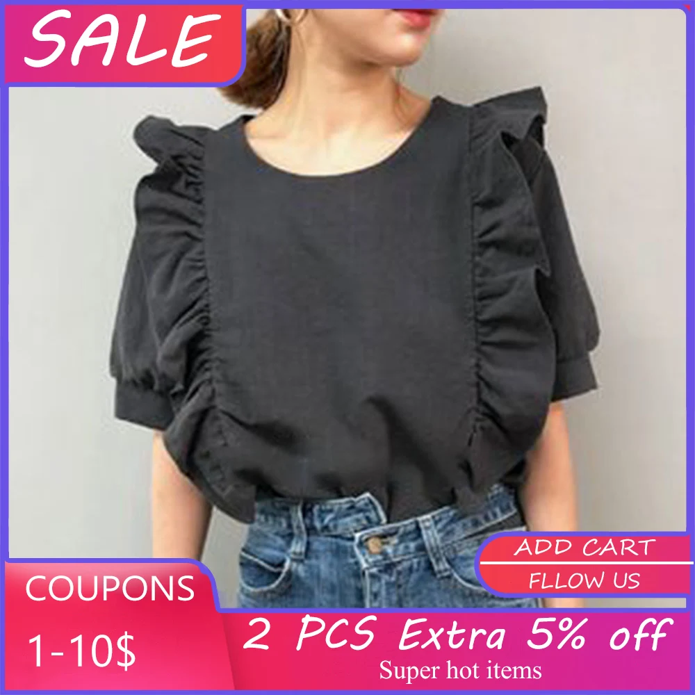 

Woman Short Sleeve Ruffle Blouse Korean Japan Retro Round-Collar Solid Slim T-Shirt Elegant Chic Vintage Casual Top Young Tee