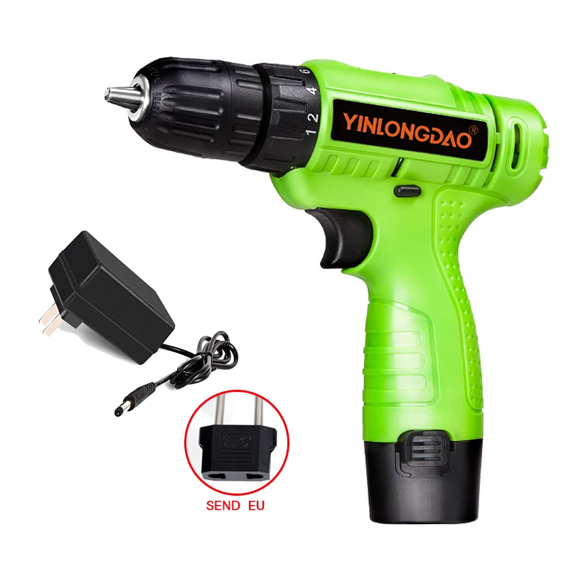 12v-green YINLONGDAO Электрическая Дрель аккумуляторная отвертка литиевая батарея Мини дрель аккумуляторная отвертка электроинструменты Аккумуляторная дрель DIY - Цвет: 12v-green