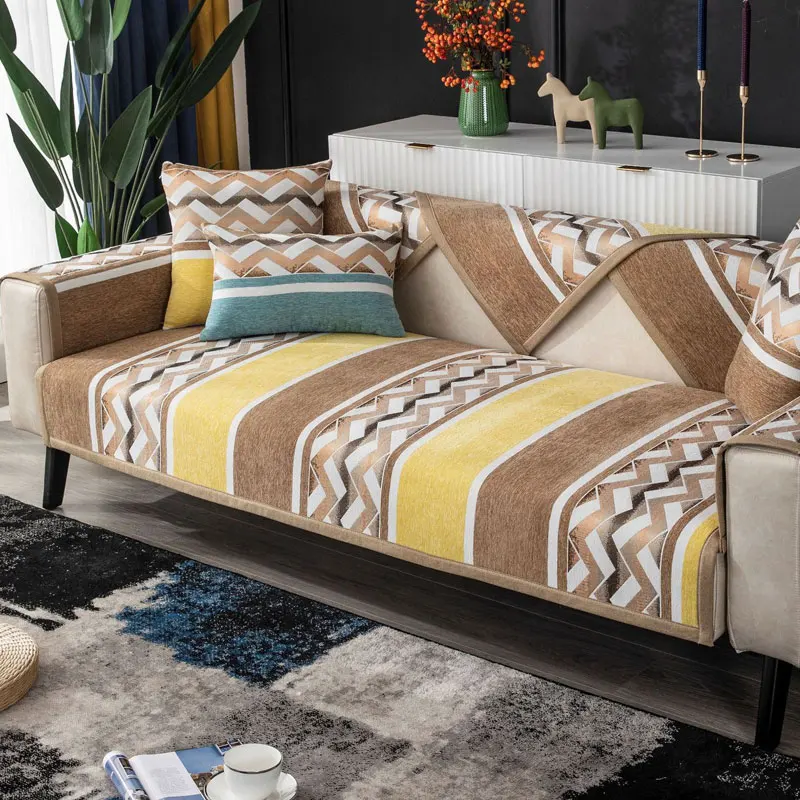 

2021 Chenille Nordic Sofa Cushion Covers 2/3/4 Seater for Living Room Stripe Armchair Cover Anti-silp Furniture Protector