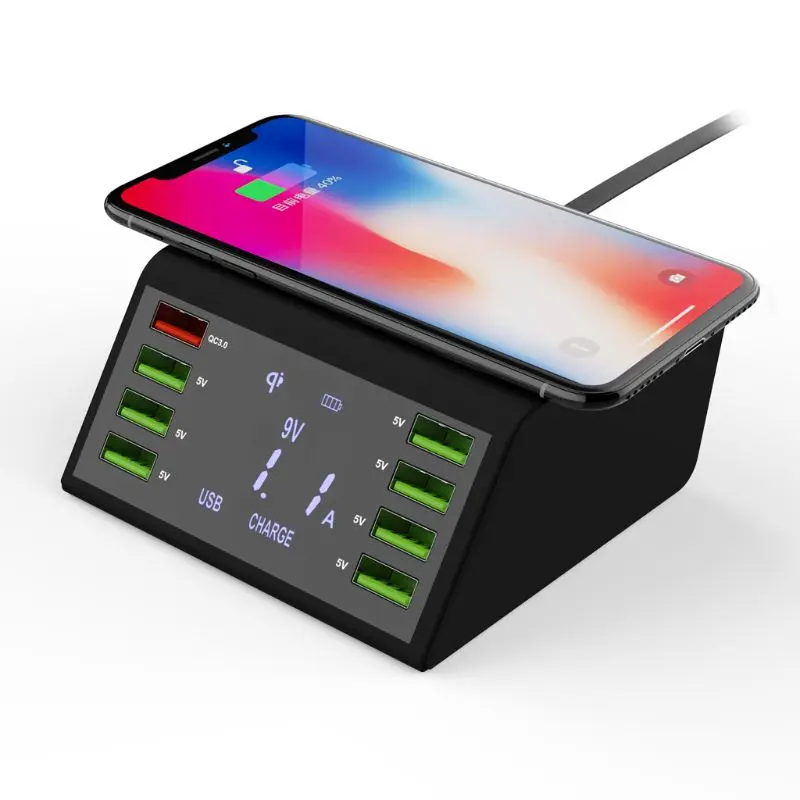 

Qi Wireless Fast Charger with Voltage Current Display for iphone samsung mobile phone tablet 60W QC 3.0 Quick Charge 8 USB Ports