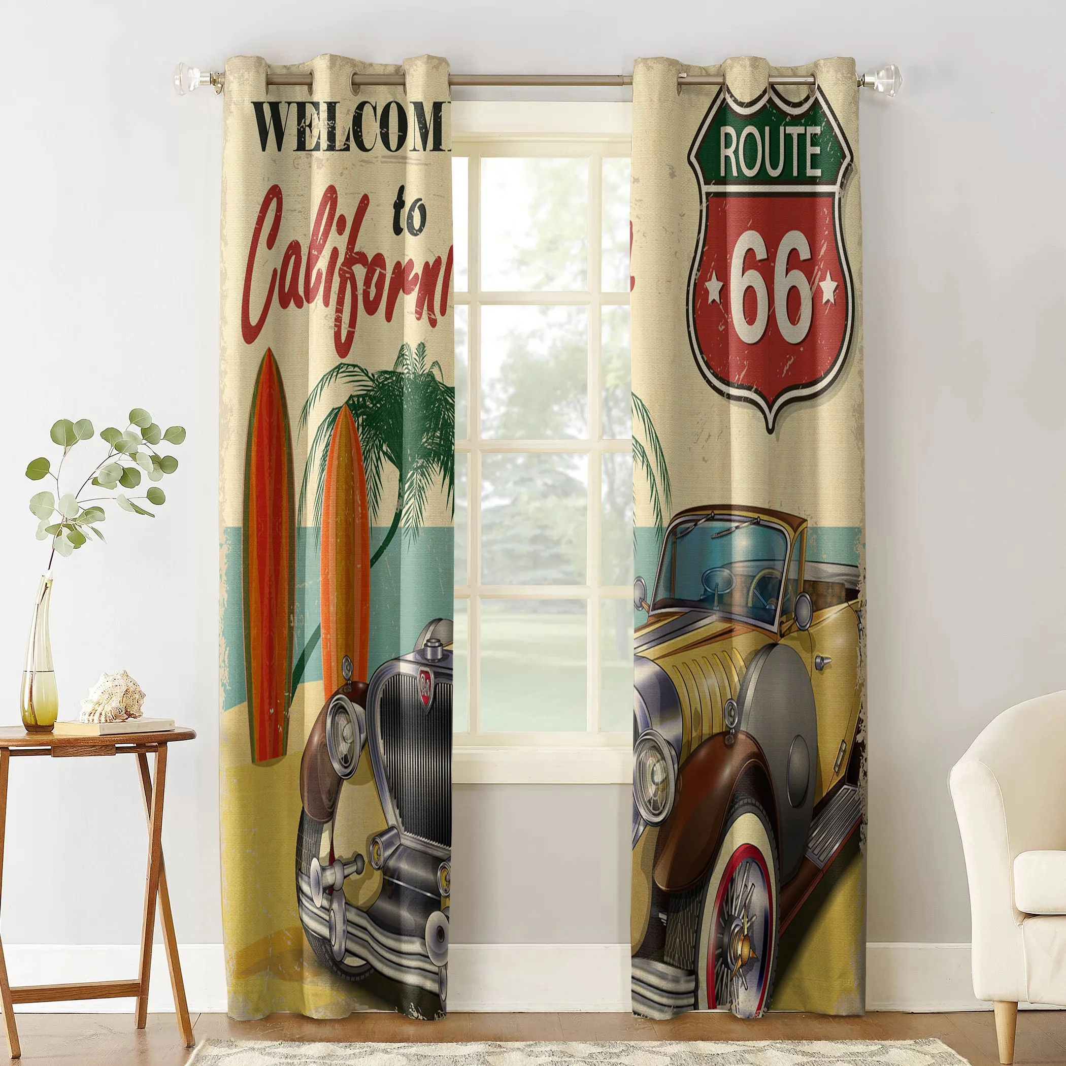 Ретро автомобильный Приморский пляжный постер Калифорнийские оконные шторы