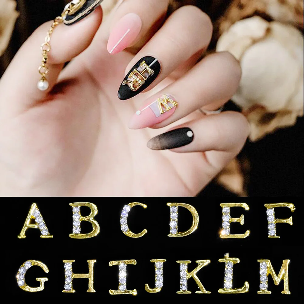 10pcs/Bag 26 English Letters Alloy Nail Art Decoration 3D Clear Rhinestone In Gold Zircon Charms A to Z Manicure Accessories D#7