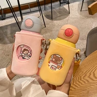 new cartoon male female student thermos cup cute 316 stainless steel cup with straw anti fall portable cup sets strap straw cup