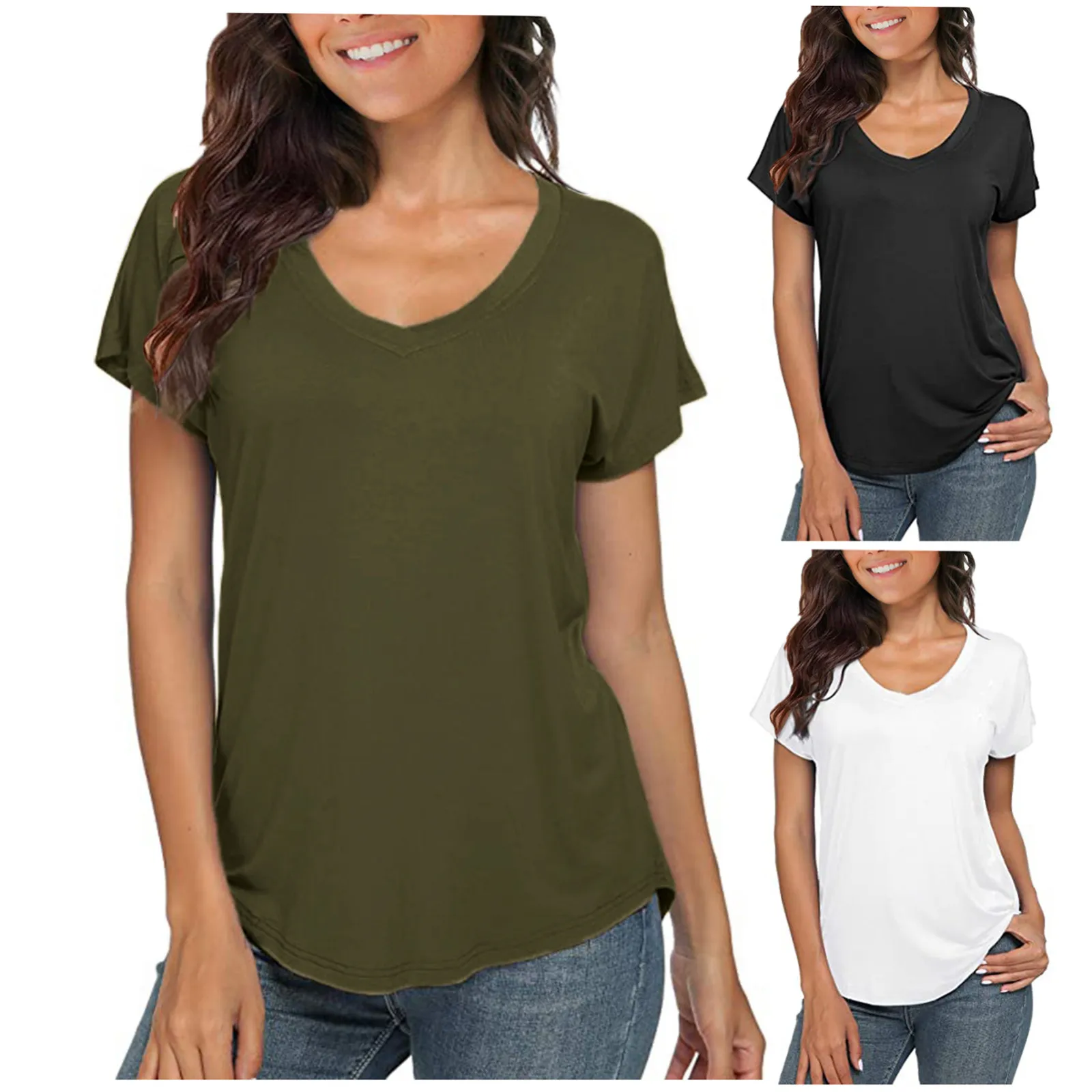 

Women's Tops V-Neck Cotton Tee Shirts 2021 New Summer Solid Color Short Sleeve Tees Casual Loose Pius Size Femme Shirt Blouse