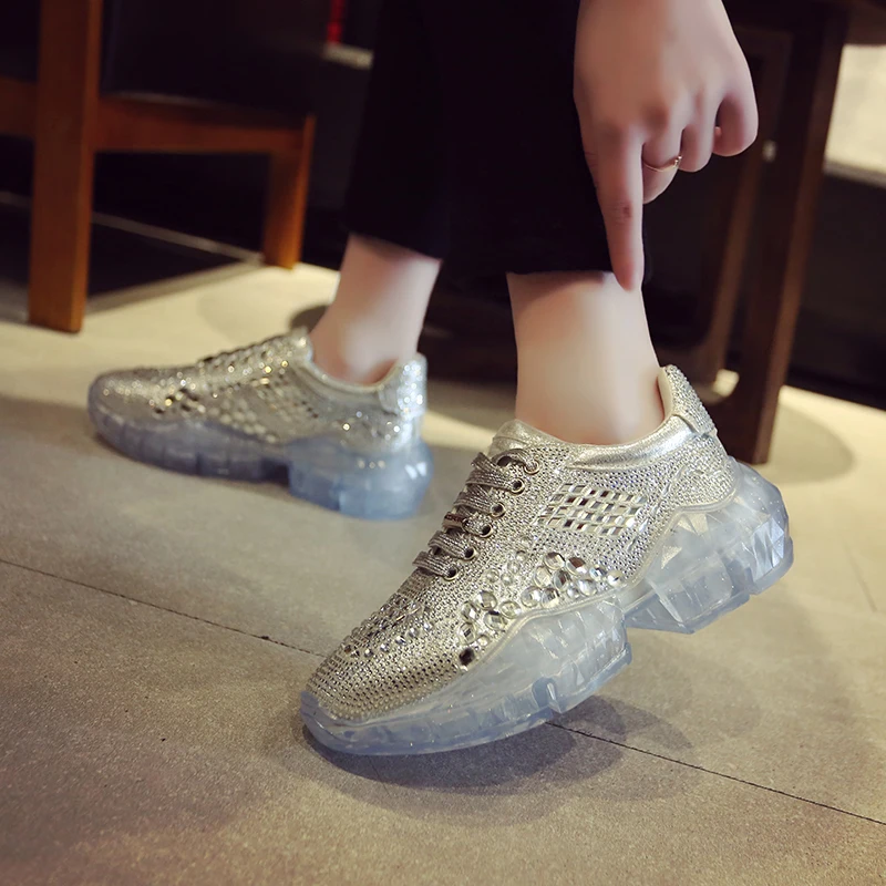 

Spring Women Chunky Sneakers Harajuku Casual Dad Shoes Platform Sneakers Transparent Jelly Sole Breathable Mesh crystal Sneakers