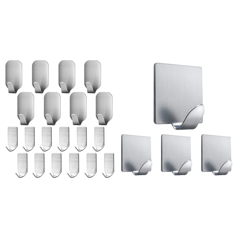 

24 Pcs Self Adhesive Stainless Steel Wall Hooks, 8 Pcs 5X3cm,12 Pcs 3.5X2cm,4 Pcs 45X45mm
