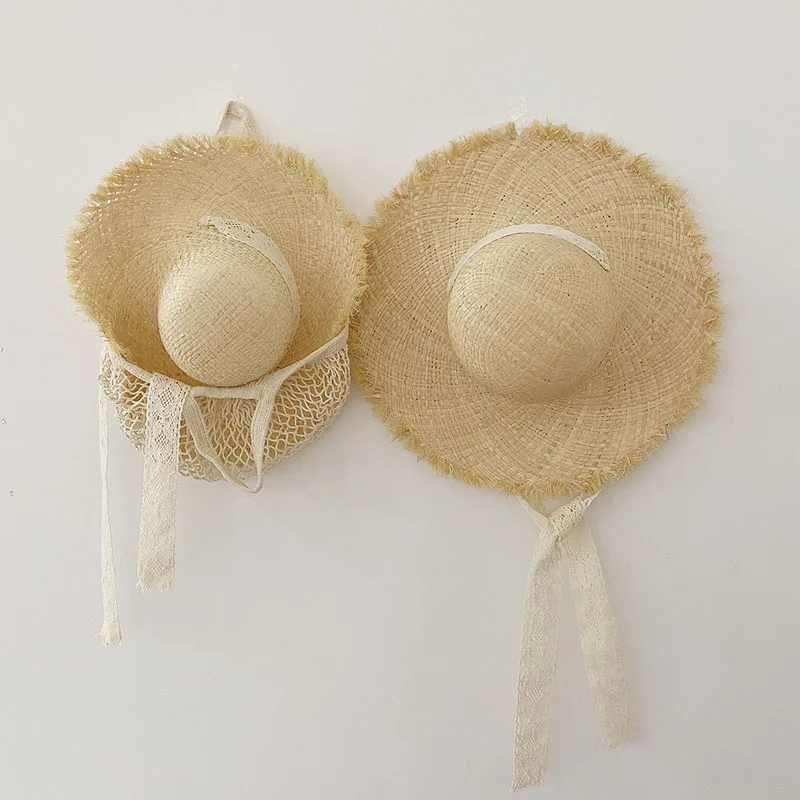 

Child Cute Children Sun Hats Bow Hand Made Straw Beach Brim Girls Lace Windproof Cord Beach Sun Hat