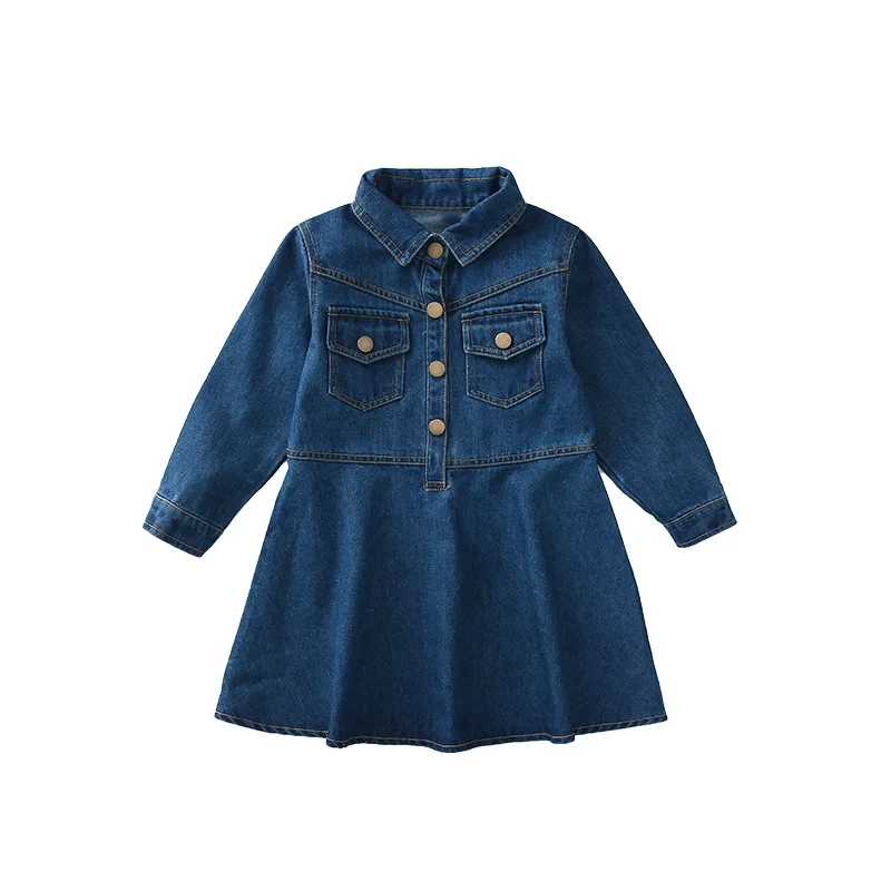 

2021 spring new girl's long-sleeved dress, big kids denim single-breasted skirt