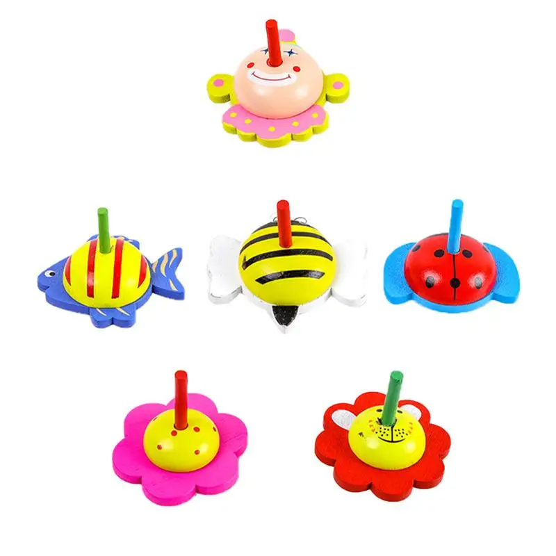 

6 Pcs Gyro Toys Wooden Environmental Protection Cartoon Gyro Toys (random Color)