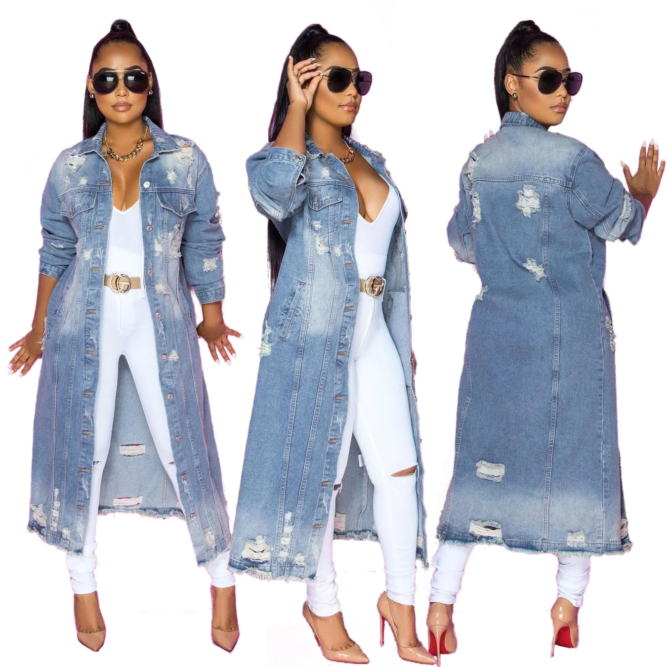 

Mandylandy Turn-down Collar Jacket Women's Ripped Stitching Cardigan Coat Spring Long Sleeve Single Breasted Denim Trench Coat