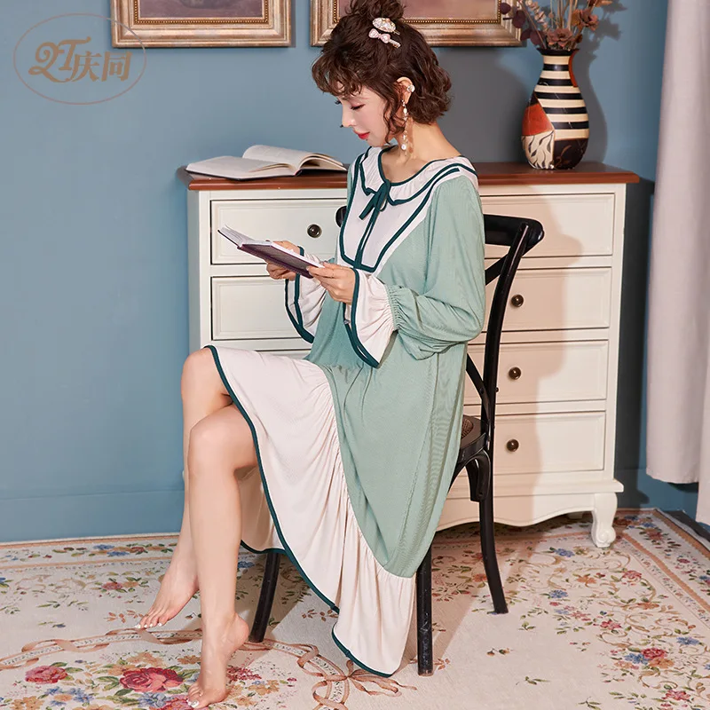 

Female Spring Modal Long Sleeve Nightgown Long Loose Womens Solid Sleepwear Round Neck Mid-Calf Night Dress Princess Sleepshirts