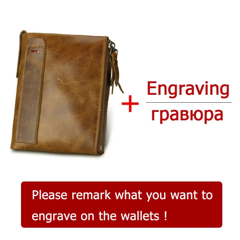 Brown with engraving Мужские кошельки из натуральной кожи с гравировкой «сделай сам», держатель для кредитных карт, кошелек с двойной молнией, мужской кошелек из воловьей кожи, короткий кошелек - Цвет: Brown with engraving