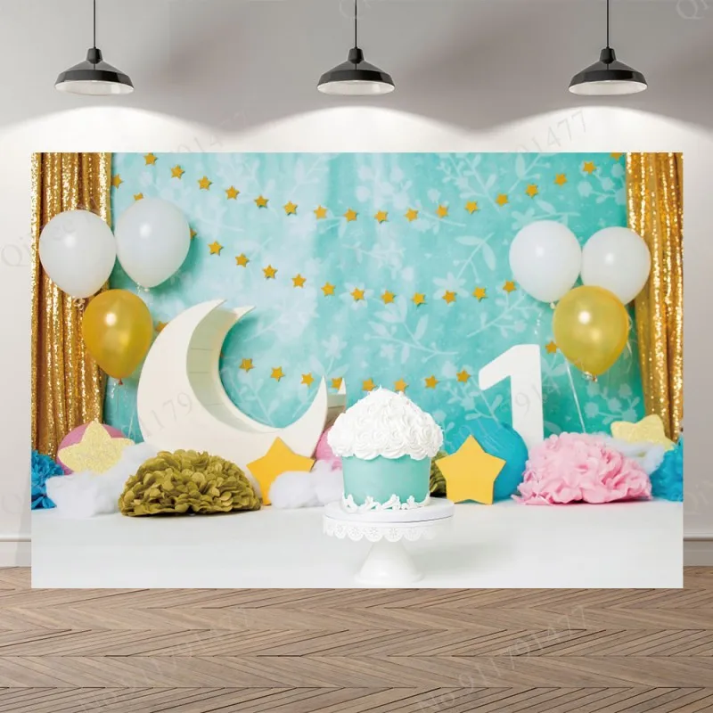

Виниловый фон для фотосъемки новорожденных в день рождения, с изображением Луны, звезд, воздушных шаров, торта