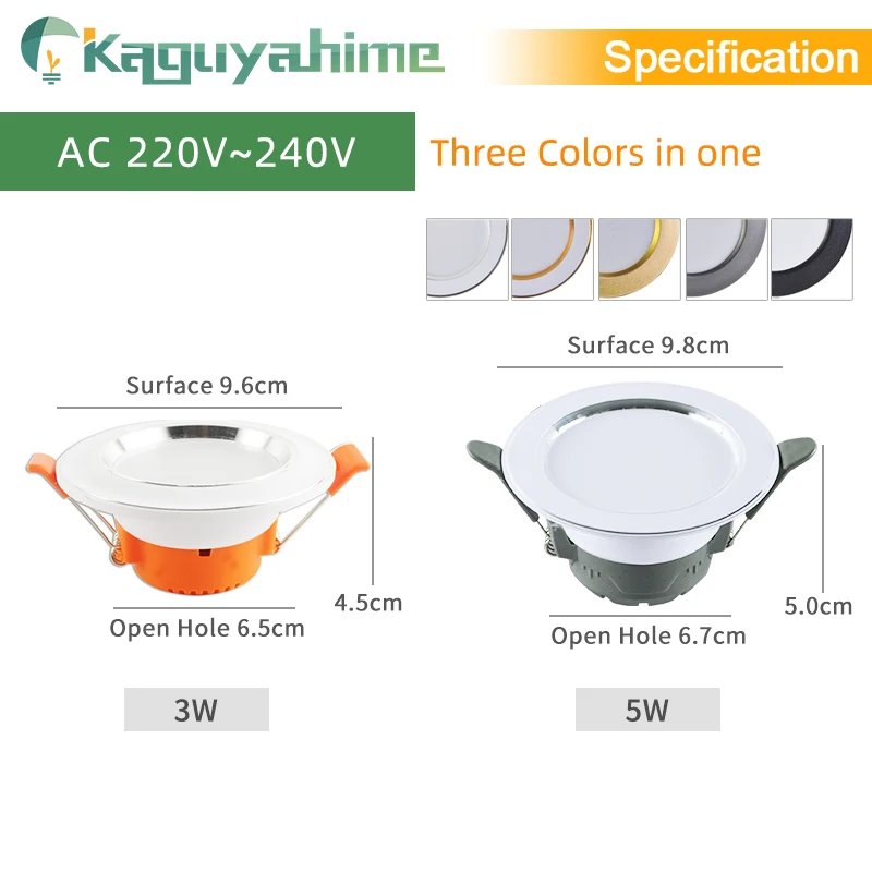 Kaguyahime-foco LED de luz descendente, blanco Natural/cálido/frío, 3W, 5W, CA 220V, blanco plateado, redondo, iluminación de punto empotrado, 10 Uds.