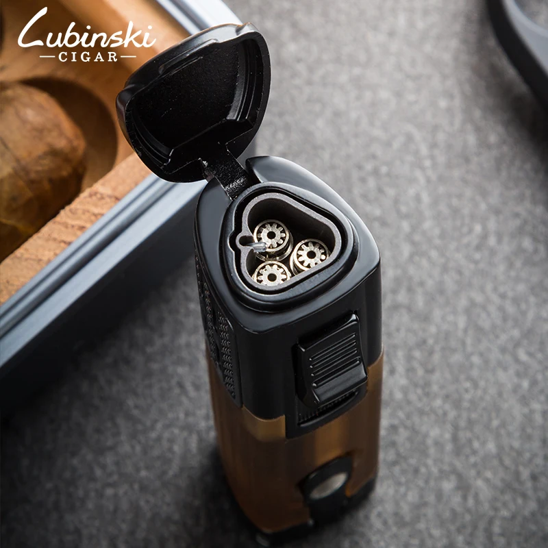 Любински Металлический Зажигалка с 3 Синими Пламенами Для Сигар и Сигарет, Ветрозащитная, с Окном для Газа и Кернером для Табака Инструмент для Курения