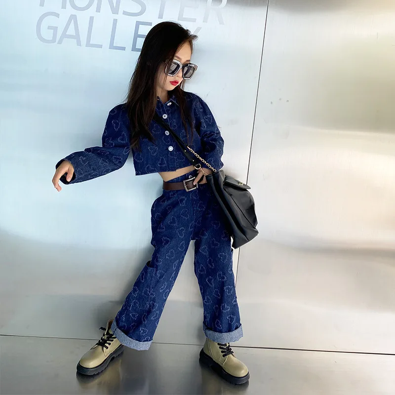 Джинсовый костюм для девочек Новинка осени 2021 короткая куртка в гонконгском