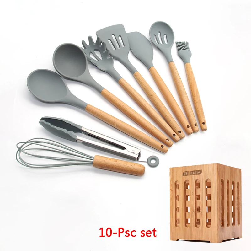 10-Pcs kitchen set 11-13 шт Силиконовая кухонная утварь набор кухонной утвари антипригарный шпатель Премиум деревянная ручка с ящиком для хранения кухонные инструменты - Цвет: 10-Pcs kitchen set
