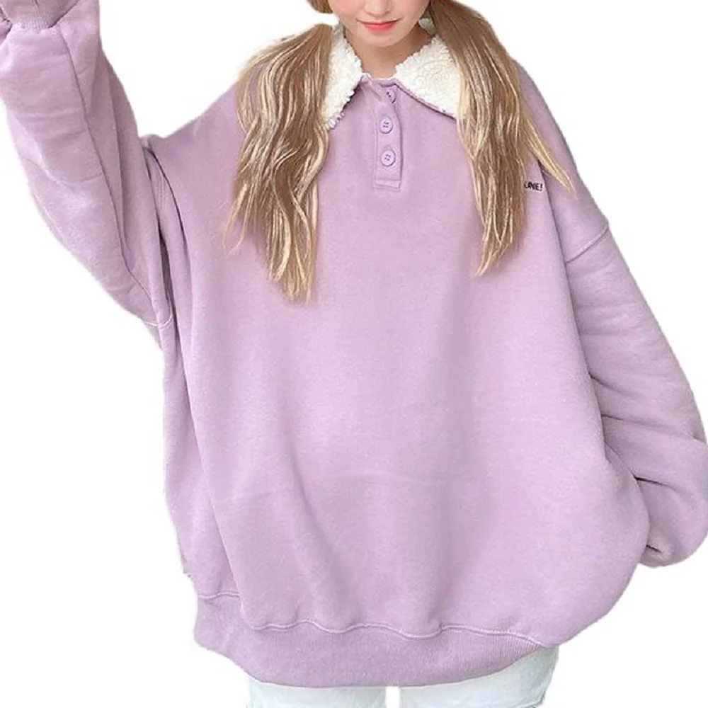 

Pop Autumn Winter Casual Warm Coat Turn Down Collar Women Hoody Sweatshirt Solid Tops Lady Loose Long Sleeve oversized Pullovers