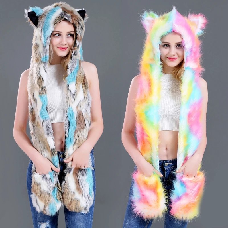 Women 3 In 1 Furry Animal Hat Scarf Gloves Mittens Colorful Plush Hoodie Paws XX9D